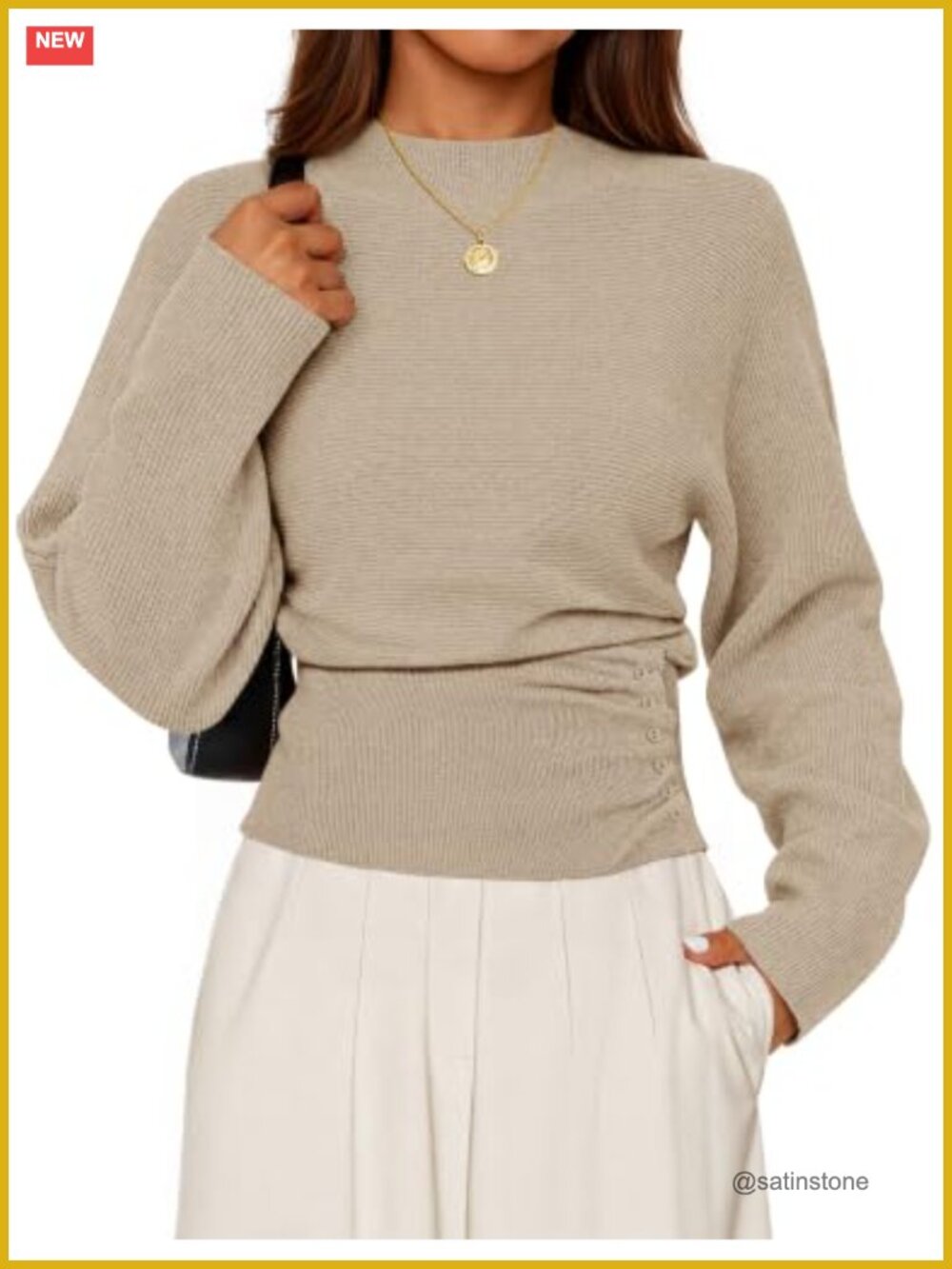 Mock Neck Batwing Sleeve Knit Sweater Cinched Waist Pullover